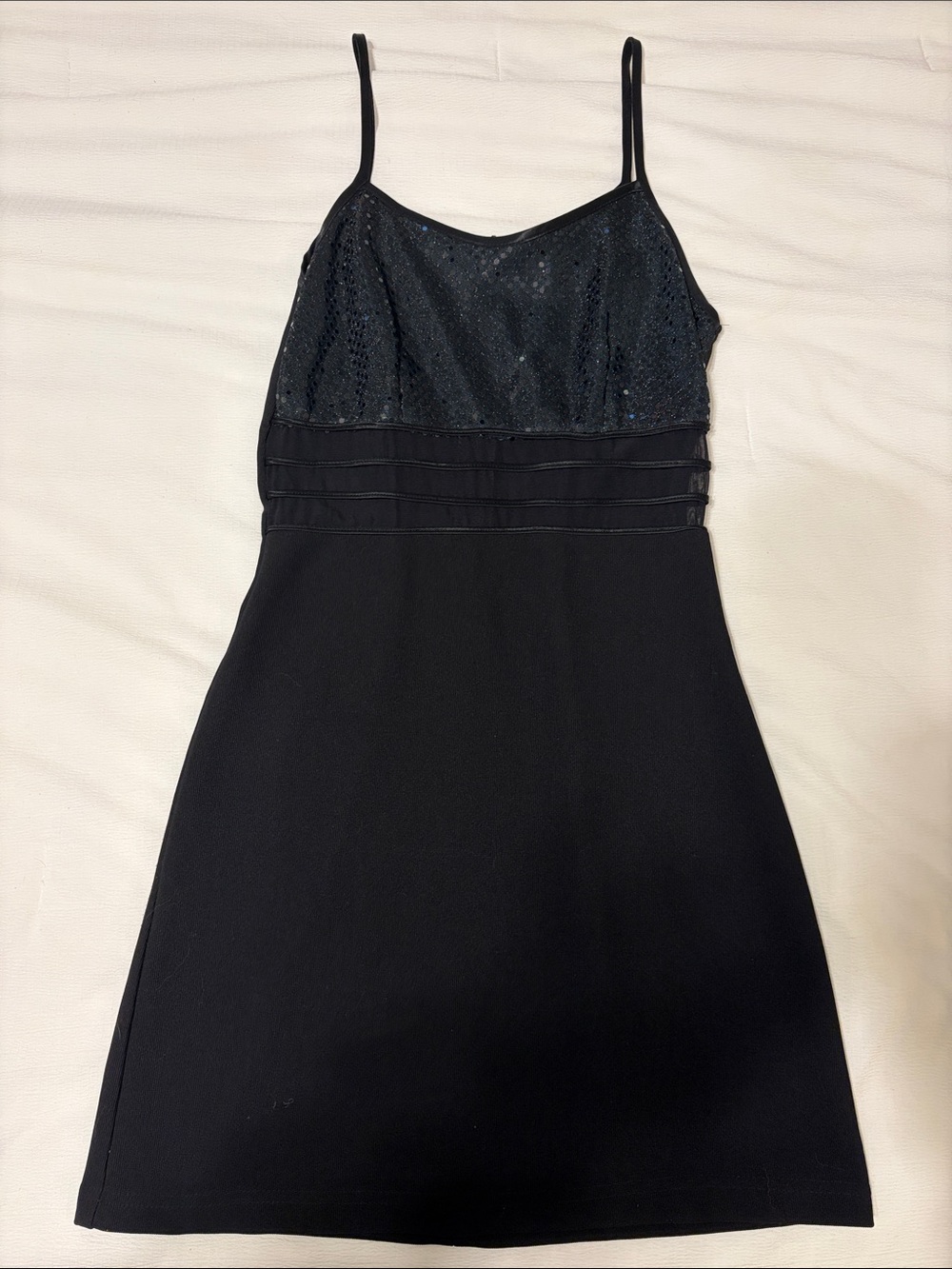 Vintage Black Sequin Bodice Spaghetti Strap Mini Dress with mesh middle